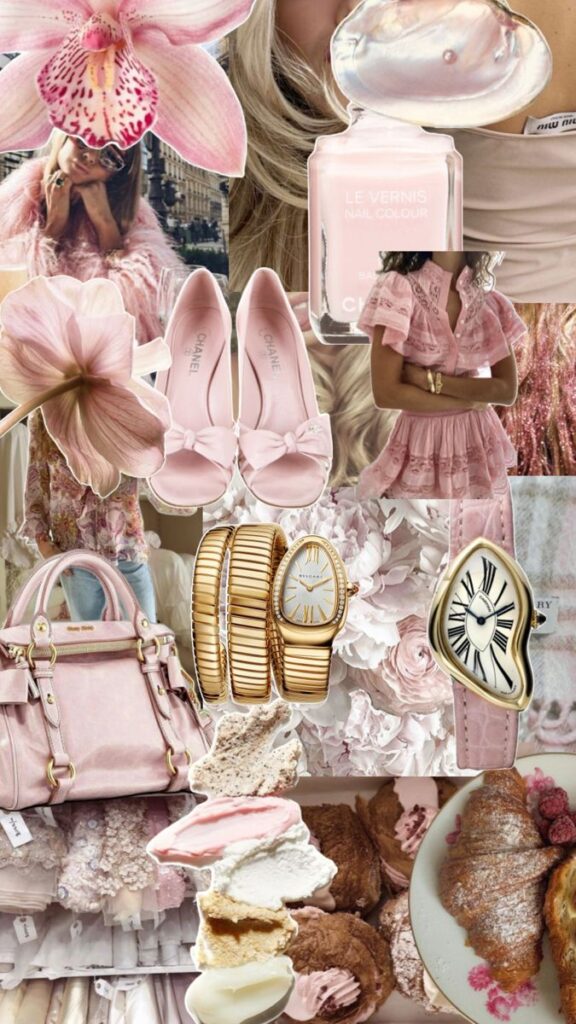 Collage of pink fashion items, flowers, pastries, and accessories, highlighting elegant and feminine aesthetics.