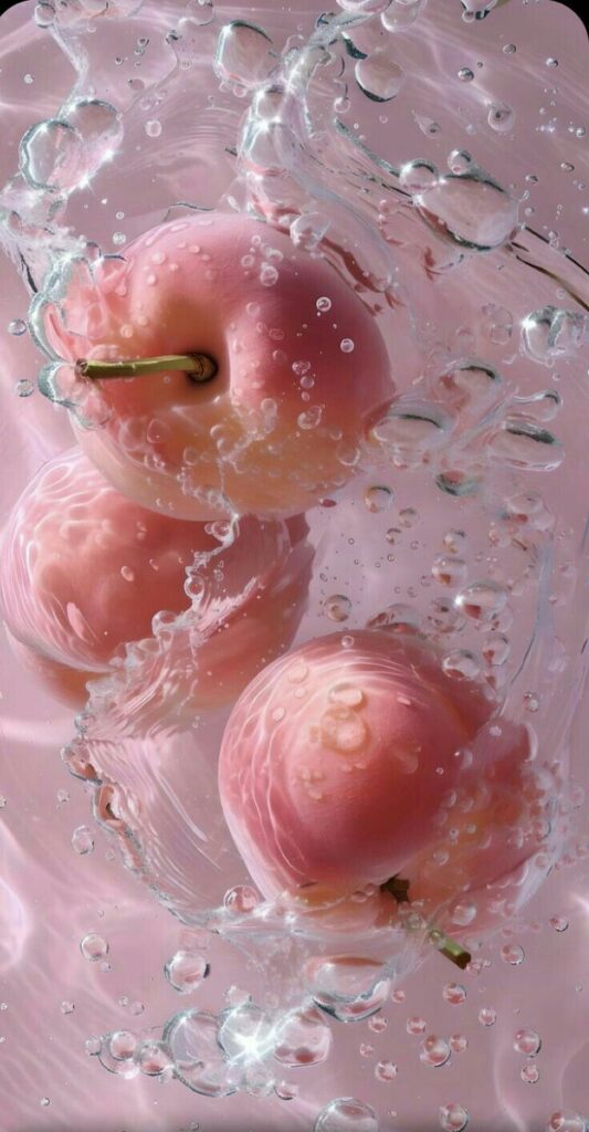 Three fresh pink apples splashing in water with bubbles.
