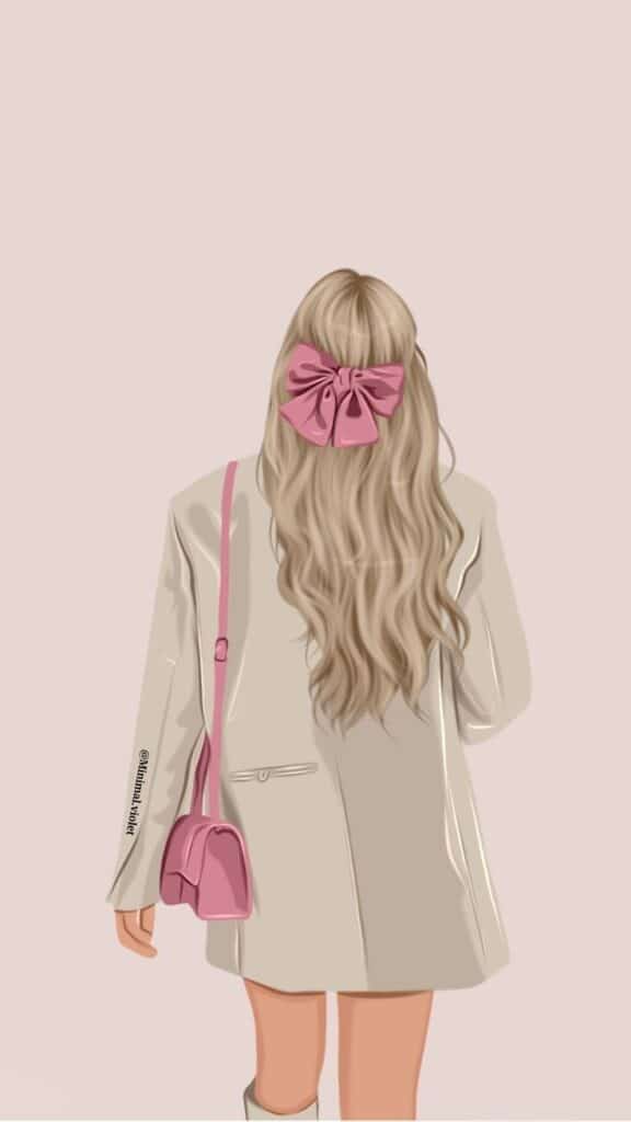 Illustration of a woman with long hair, pink bow, beige coat, and a matching pink bag, viewed from the back.