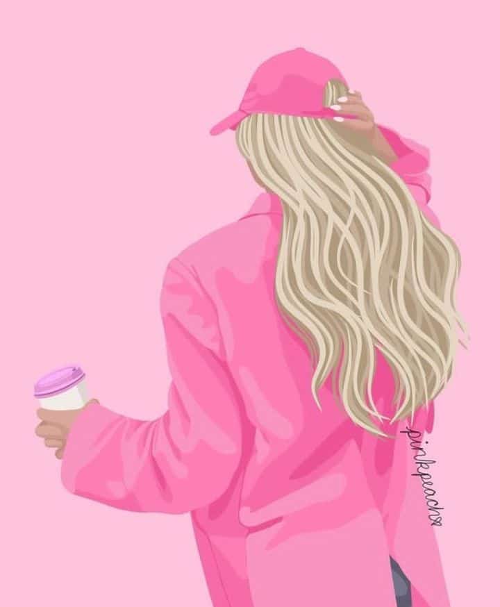Illustration of a woman in pink, holding a cup, with flowing blonde hair and a cap, on a pink background.