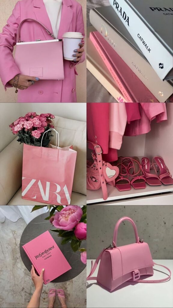 Collage of pink fashion items including handbags, books, and shoes, creating a stylish, cohesive aesthetic.