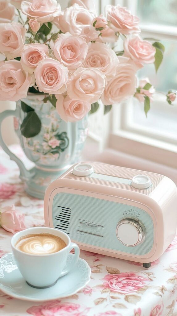Vintage radio, coffee cup, and pink roses on floral tablecloth by sunny window seat.