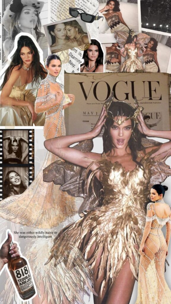 Fashion collage featuring models in elegant gowns, Vogue magazine cover, and a bottle of 818 Tequila.