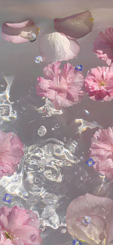 Pink flower petals and small blossoms floating on shimmering water surface.