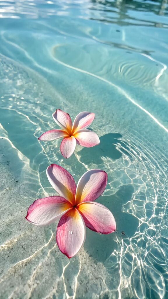 Tropical flowers floating on clear turquoise water, casting gentle ripples and reflections under the sun.