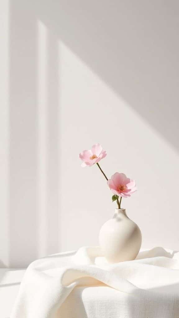 Minimalist vase with pink flowers on a white draped table, casting soft shadows under natural light.