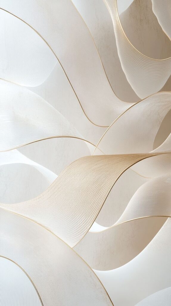 Abstract art with flowing beige and white ribbon-like shapes, creating a serene and elegant design.