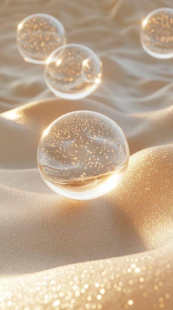 Glowing glass spheres on a sandy surface with soft, shimmering light reflections.