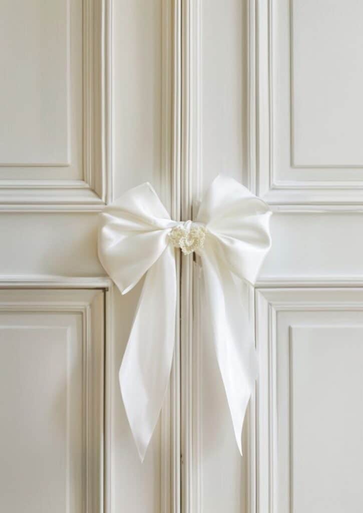 White satin ribbon bow on elegant paneled door, adding a touch of elegance and style to home decor.