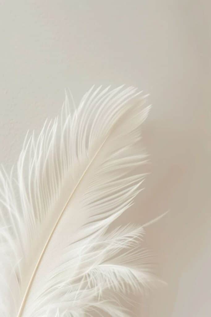 Delicate white feather on a soft beige background, showcasing its intricate details and light texture.