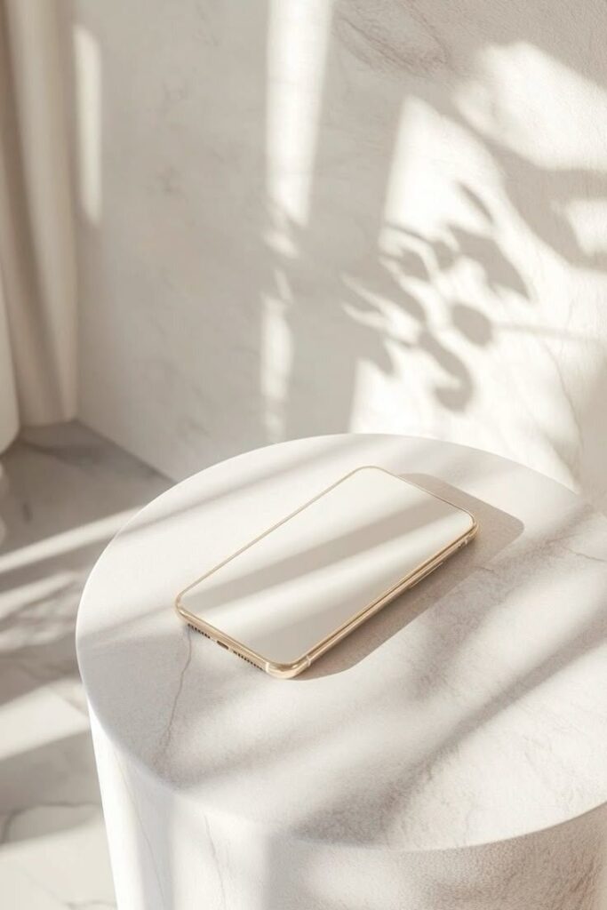 Smartphone on a sunlit white marble surface, casting artistic shadows.