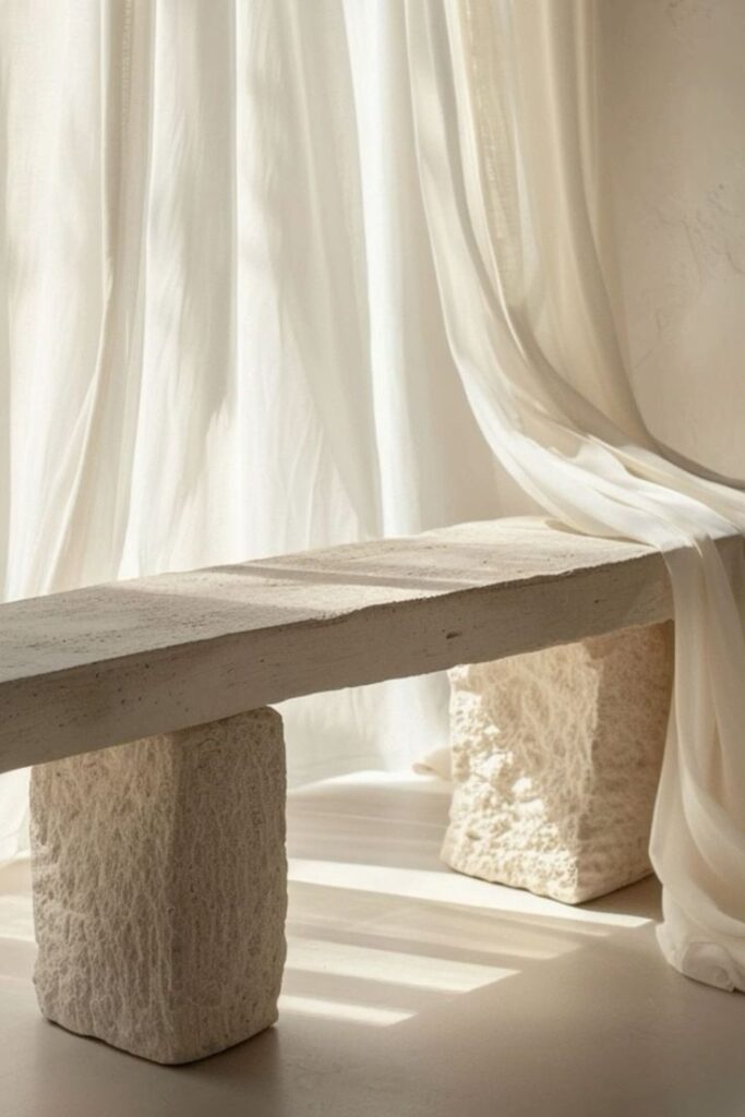 Minimalist stone bench beside flowing white curtains in soft natural light.