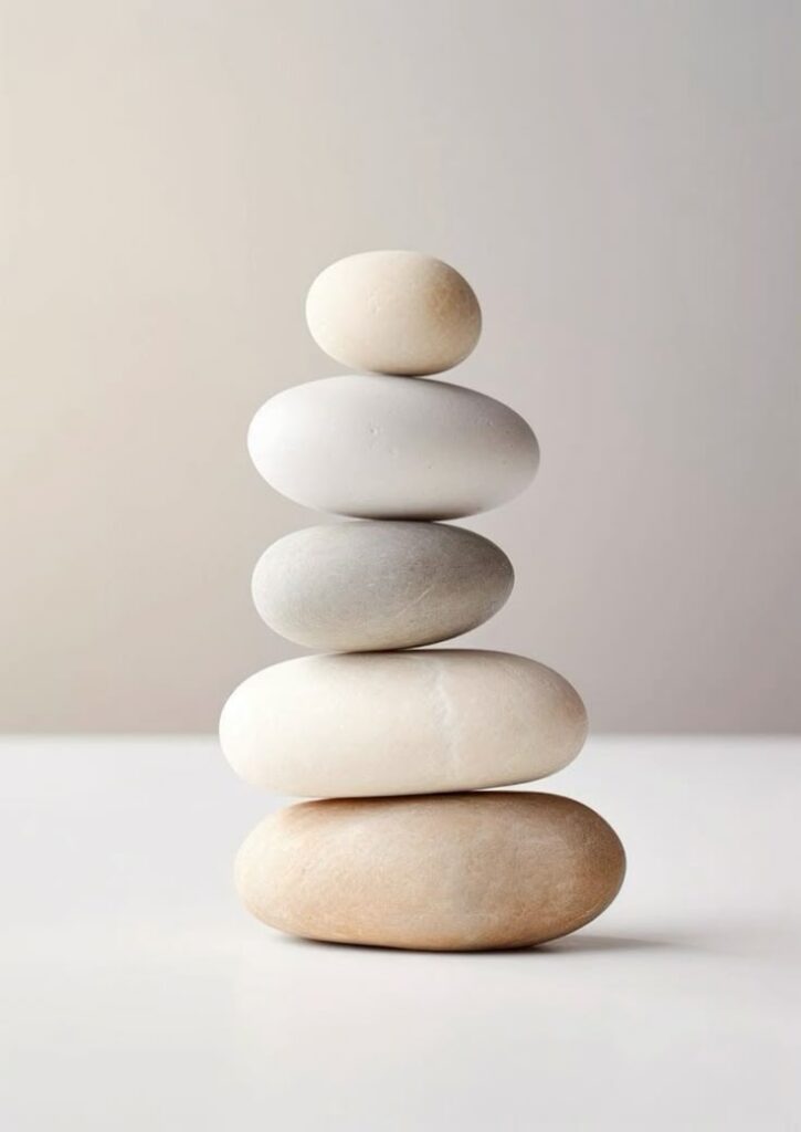 Stacked smooth stones creating a calming balance on a plain background, symbolizing tranquility and harmony.