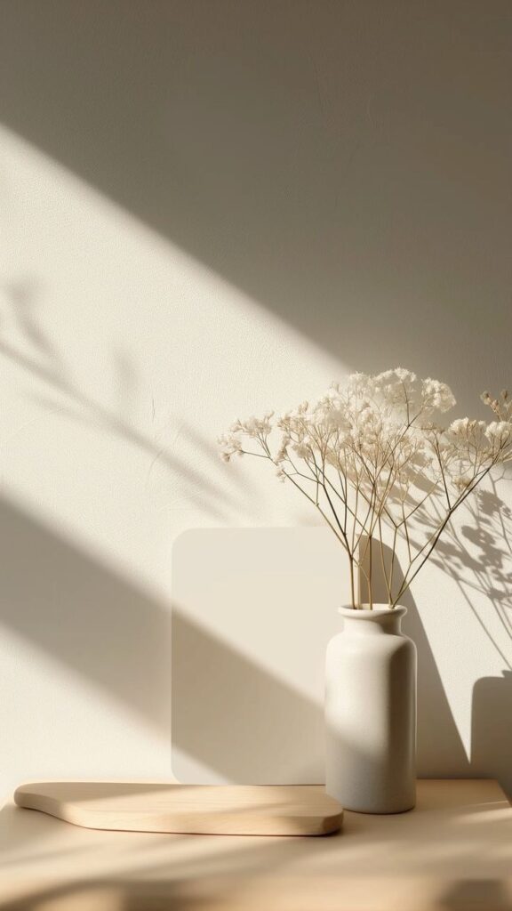 Minimalist decor with dried white flowers in a ceramic vase casting shadows on a sunlit surface.