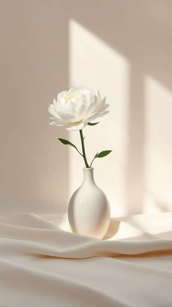 Elegant white flower in a vase on soft fabric under natural light, creating a serene and minimalist aesthetic.