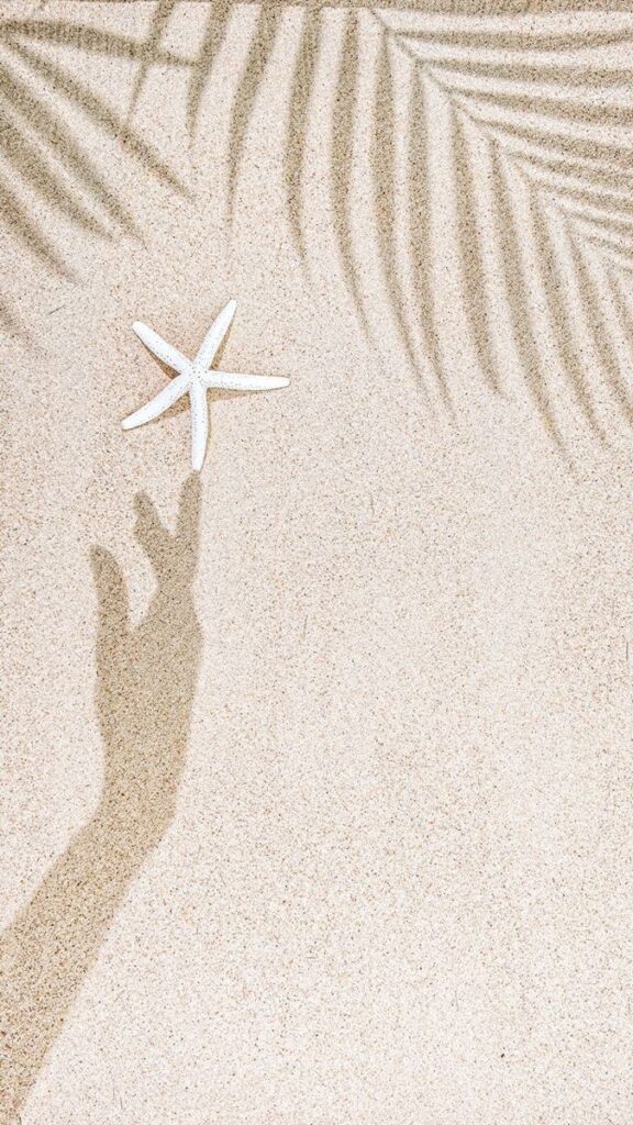 Shadow of hand reaching for starfish on sandy beach with palm frond shadows.