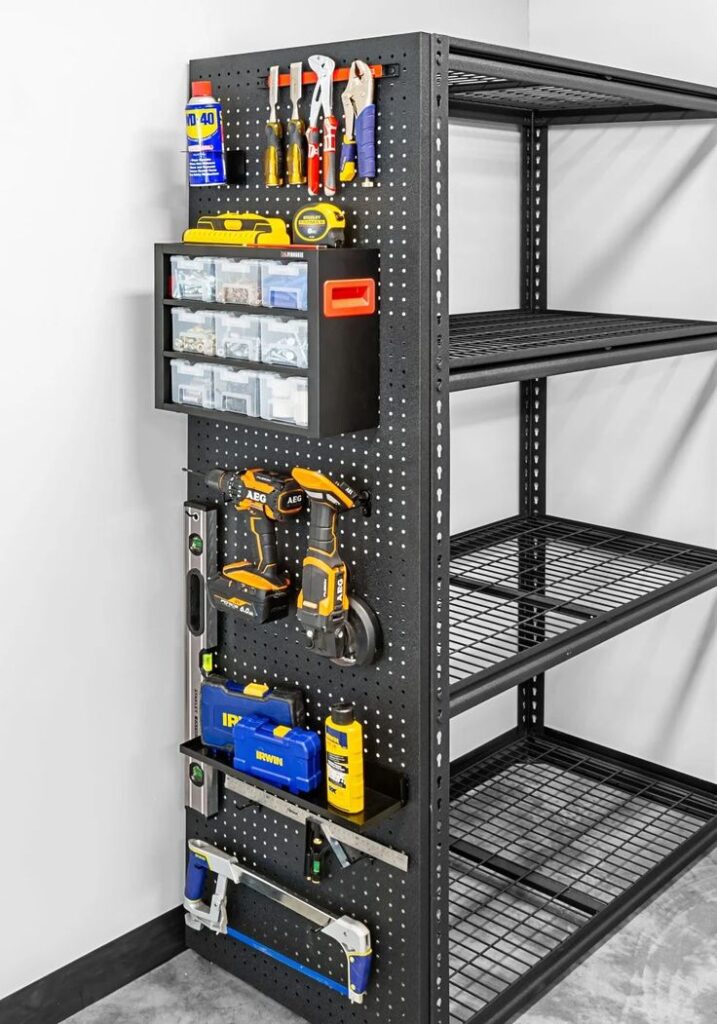 _ - 2025-05-21T034037364 Organized garage shelving with tools, including drills and a toolbox, on a handy black pegboard. | Sky Rye Design Organized garage shelving with tools, including drills and a toolbox, on a handy black pegboard.