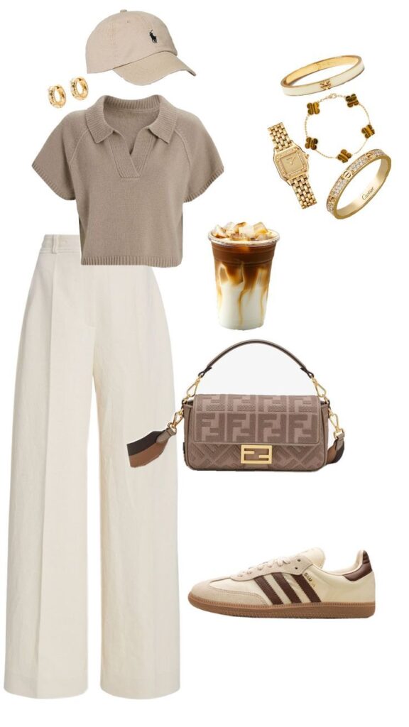 Chic neutral outfit with knit top, white pants, designer bag, sneakers, accessories, and iced coffee. Casual elegance.