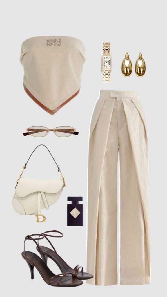 Chic beige outfit with a headscarf, wide-leg pants, gold accessories, handbag, watch, perfume, and heels. Fashion ensemble.