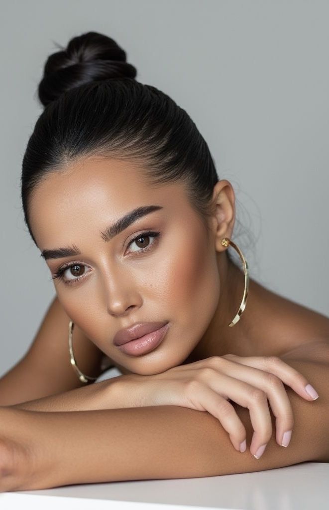 Woman with elegant makeup, hoop earrings, and slicked-back bun resting on her arms, showcasing a serene expression.
