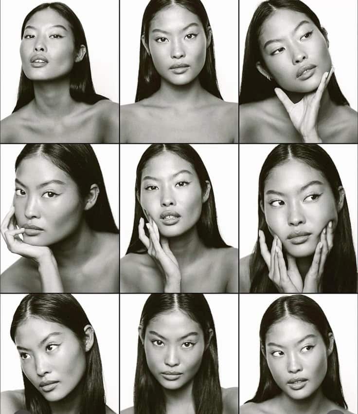 Collage of a woman with various facial expressions, showcasing diverse emotions and moods, in a black and white theme.