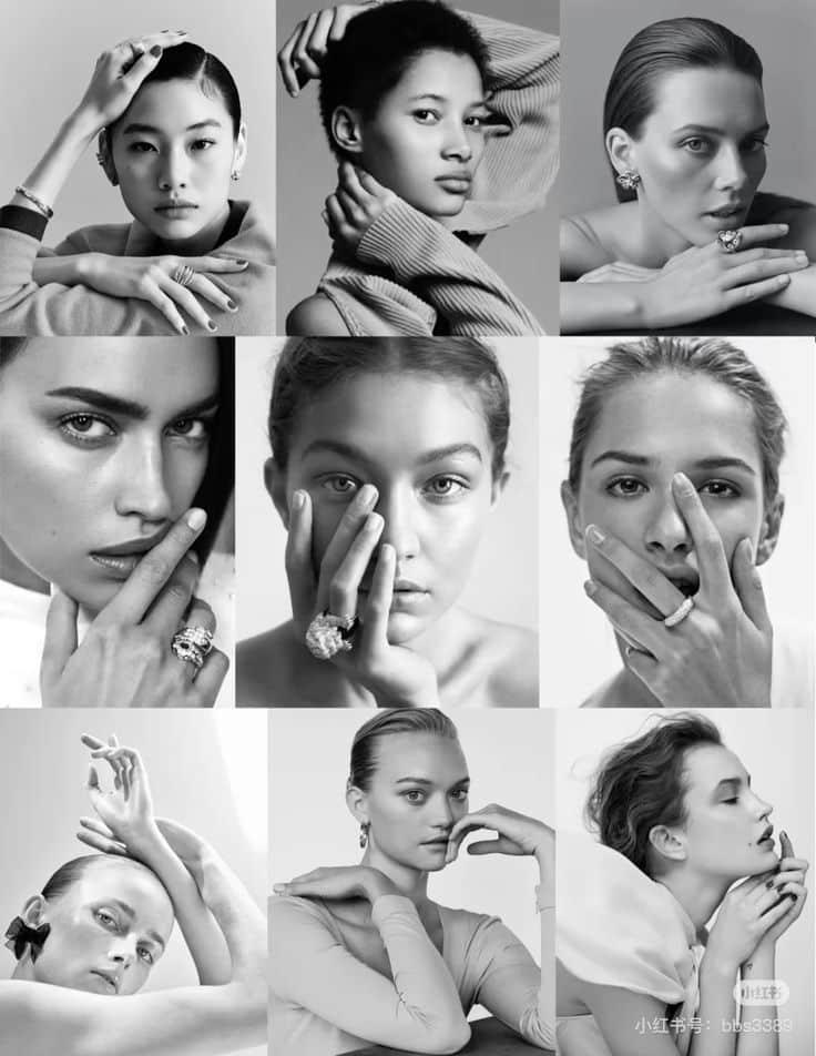 Collage of women in black and white portraits, showcasing elegance and jewelry with thoughtful expressions.
