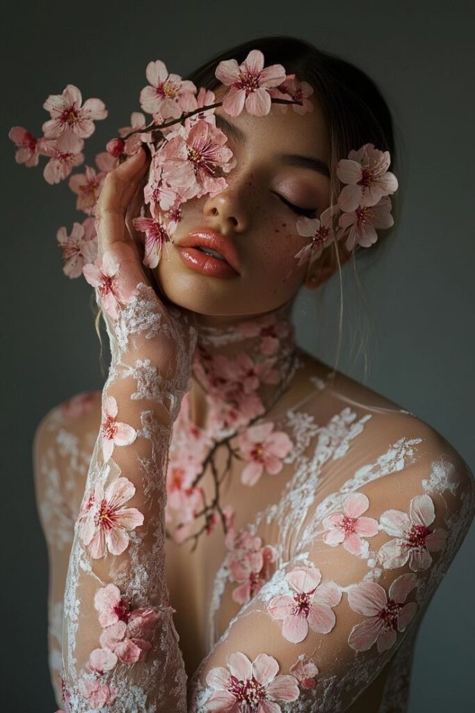Woman adorned with delicate pink cherry blossoms on face and lace dress, eyes closed in serene expression.