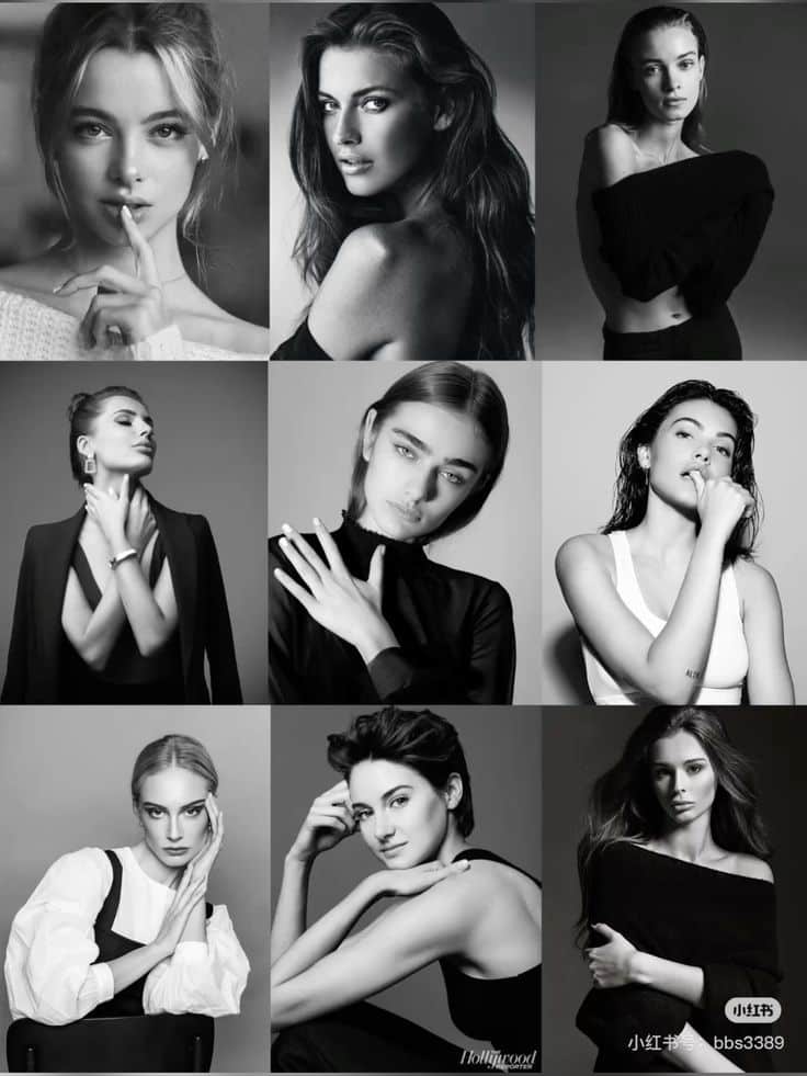 Collage of nine black-and-white portraits of women showcasing diverse poses and expressions in fashion photography.