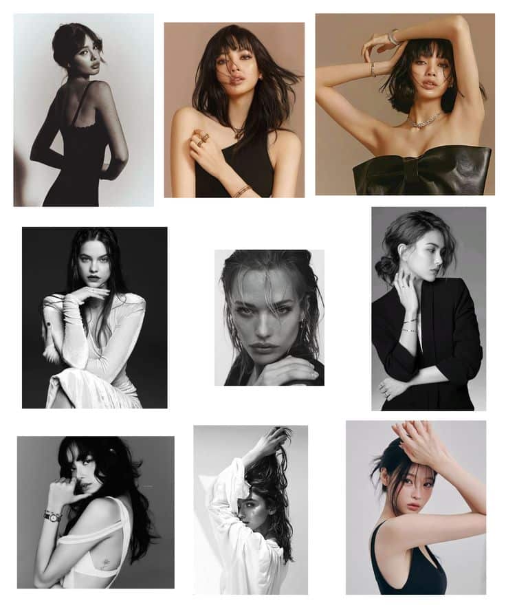 Collage of stylish fashion portraits featuring diverse models posing in elegant attire and striking expressions.