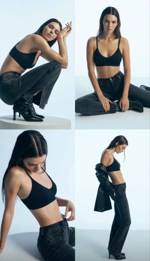 Model in black top and jeans posing in various styles against a plain background. Fashion photography concept.