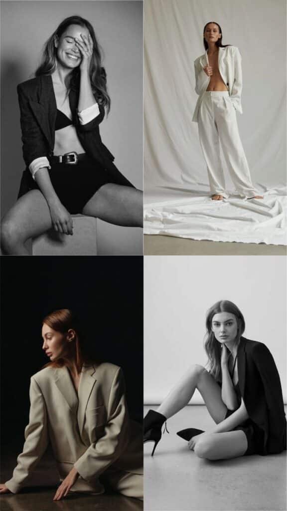 Fashionable women in stylish tailored suits, showcasing modern trends in various elegant poses.