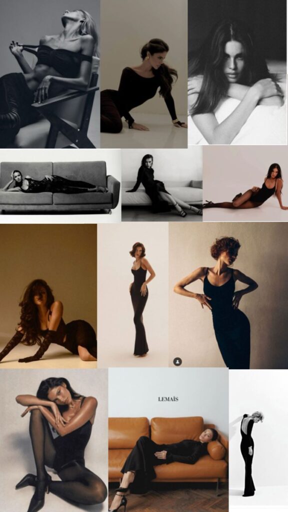 Collage of models posing in elegant black outfits, exuding style and sophistication, against various backdrops.