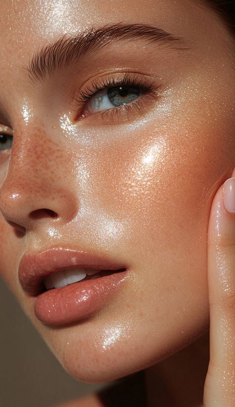Close-up of a woman's face with glowing, dewy skin and natural makeup, highlighting radiant beauty and healthy complexion.