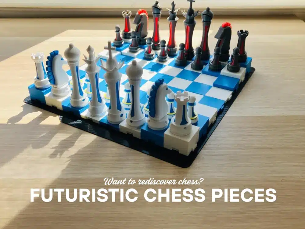 Futuristic chess set with blue and white pieces on a checkered board in sunlight.