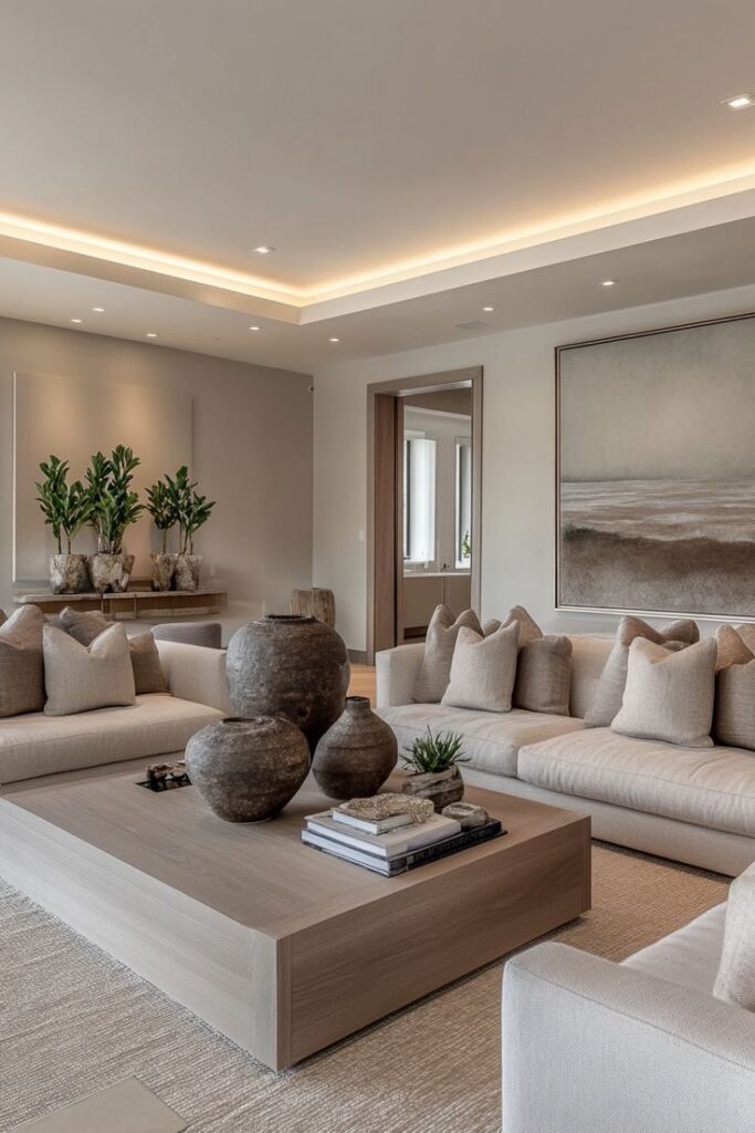 Modern living room with neutral sofas, wooden coffee table, large vases, and plants; elegant, cozy interior design.