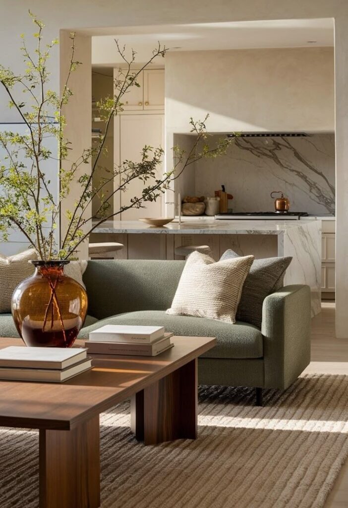 Elegant modern living room with green sofa, wooden table, and plants, featuring a sleek kitchen design in the background.