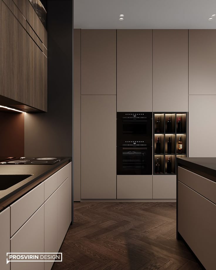 Modern kitchen design with sleek cabinetry, integrated appliances, and wine storage. Dark wood floors enhance elegance.