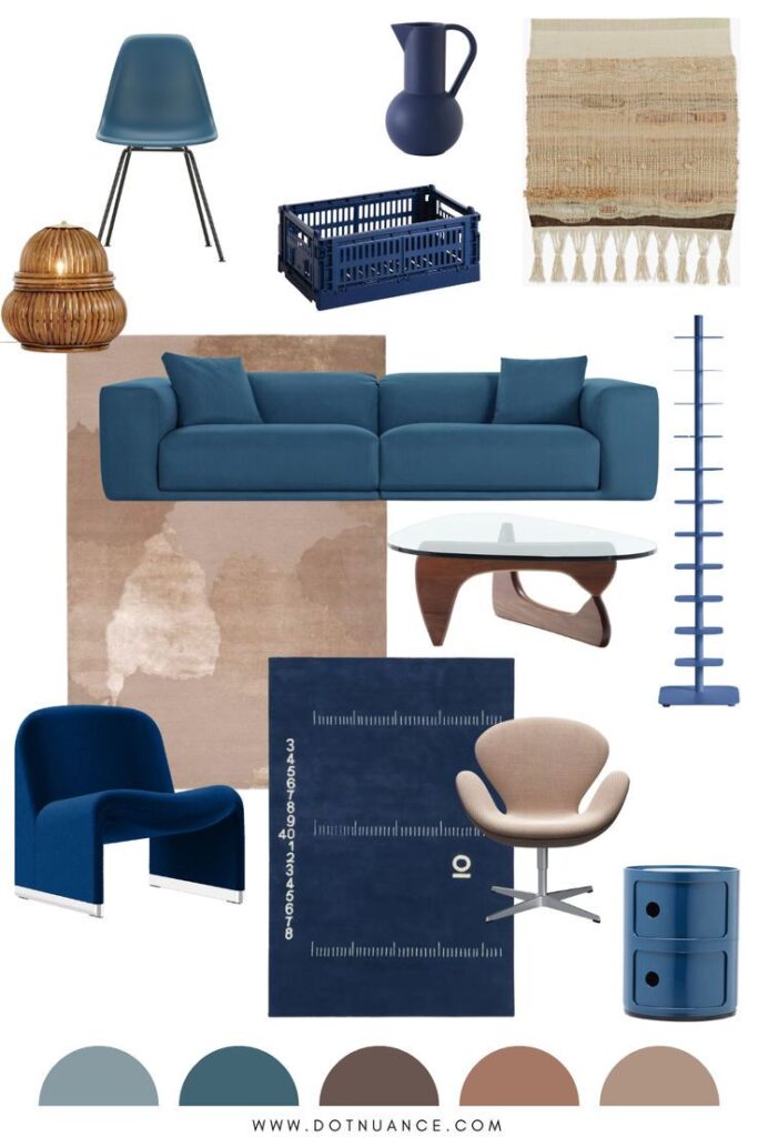 Modern interior design mood board featuring blue and brown furniture and decor elements.