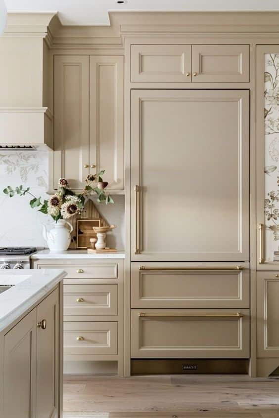 Elegant beige kitchen with custom cabinetry, decorative flowers, and luxurious gold handles enhancing the classic design.