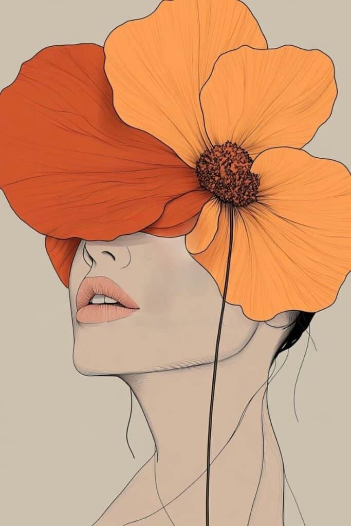 Illustration of a woman with large orange flowers as a hat, blending beauty and nature.