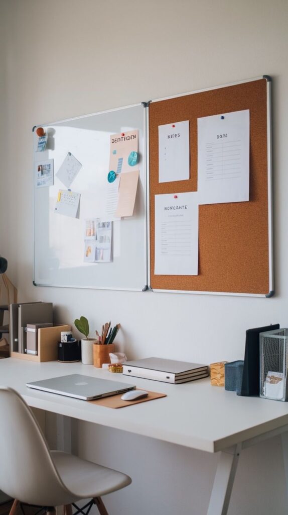 Minimalist home office with whiteboard, corkboard, and organized desk essentials.