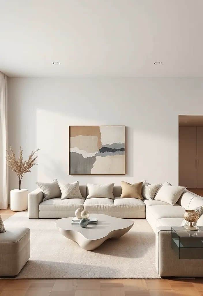 Minimalist living room with neutral sofa, abstract art, and sculptural coffee table in natural light.