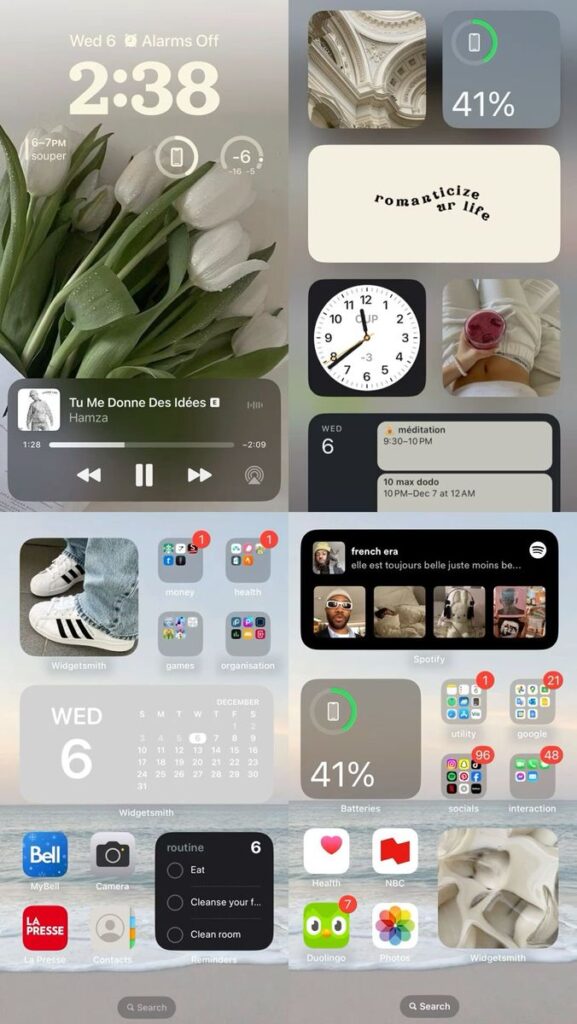 Aesthetic phone home screen with tulip widget, battery level, app folders, and motivational quote.