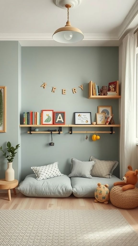Cozy children's reading nook with cushions, bookshelves, and toys in a light-filled room. Perfect for a playful space.