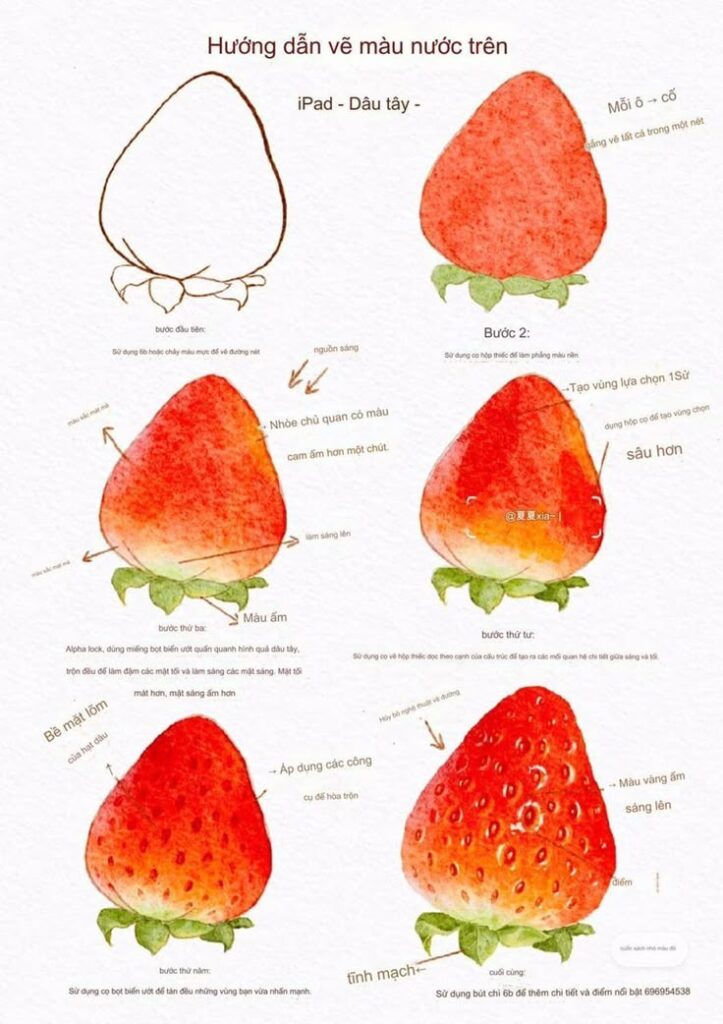 Watercolor strawberry drawing tutorial in Vietnamese, showing step-by-step process and techniques on an iPad.