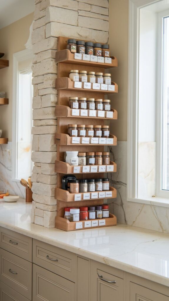 Wooden spice rack with labeled jars on a kitchen wall, next to a stone pillar and marble countertop.