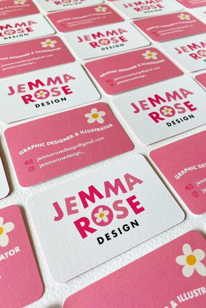 Business cards for Jemma Rose Design, featuring a pink floral logo and contact details for a graphic designer.