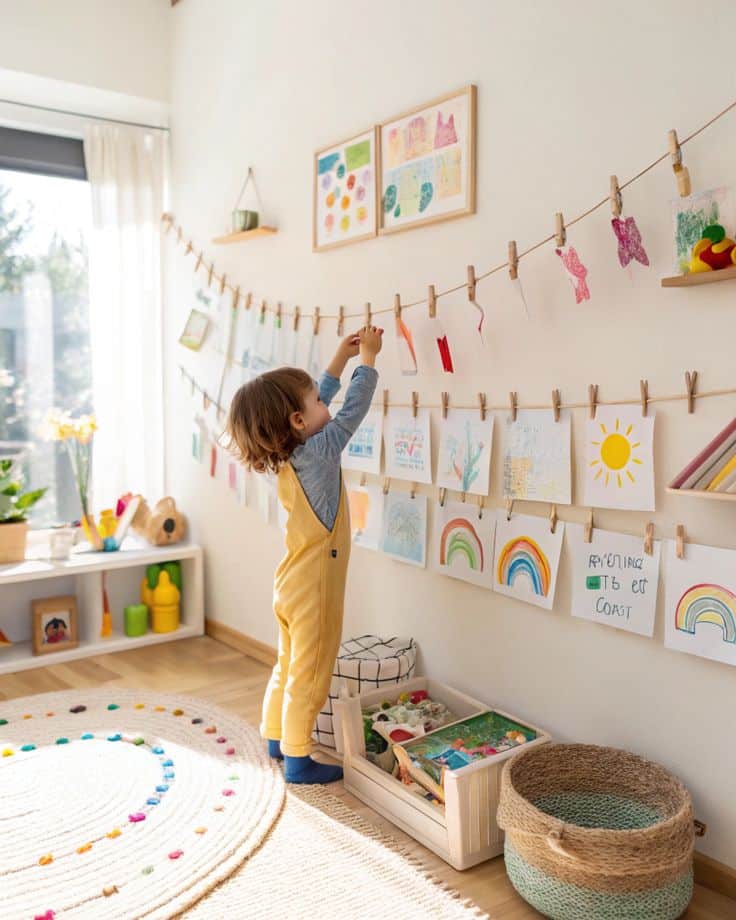Child in a colorful playroom hanging artwork on a wall string, surrounded by drawings and cozy decor.