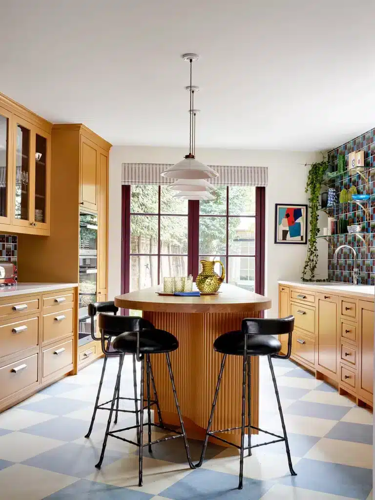 Modern kitchen with wooden cabinets, island, and checkered floor. Features bar stools and large window with natural light.