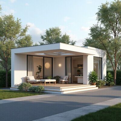 Modern minimalist house exterior with large windows, outdoor seating, and lush greenery on a sunny day.